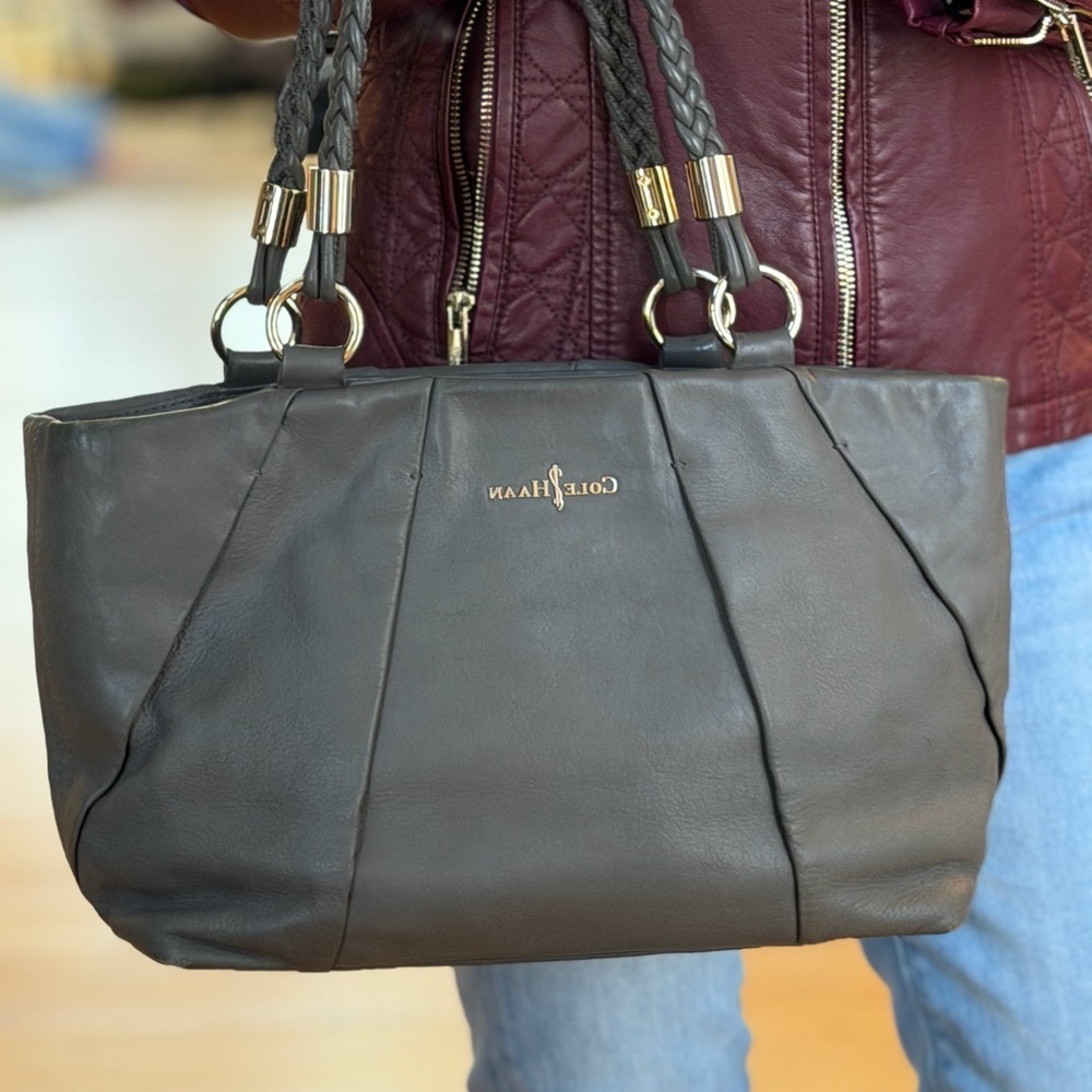 Cole Haan quiet luxury Adele leather satchel in gray (GUC)